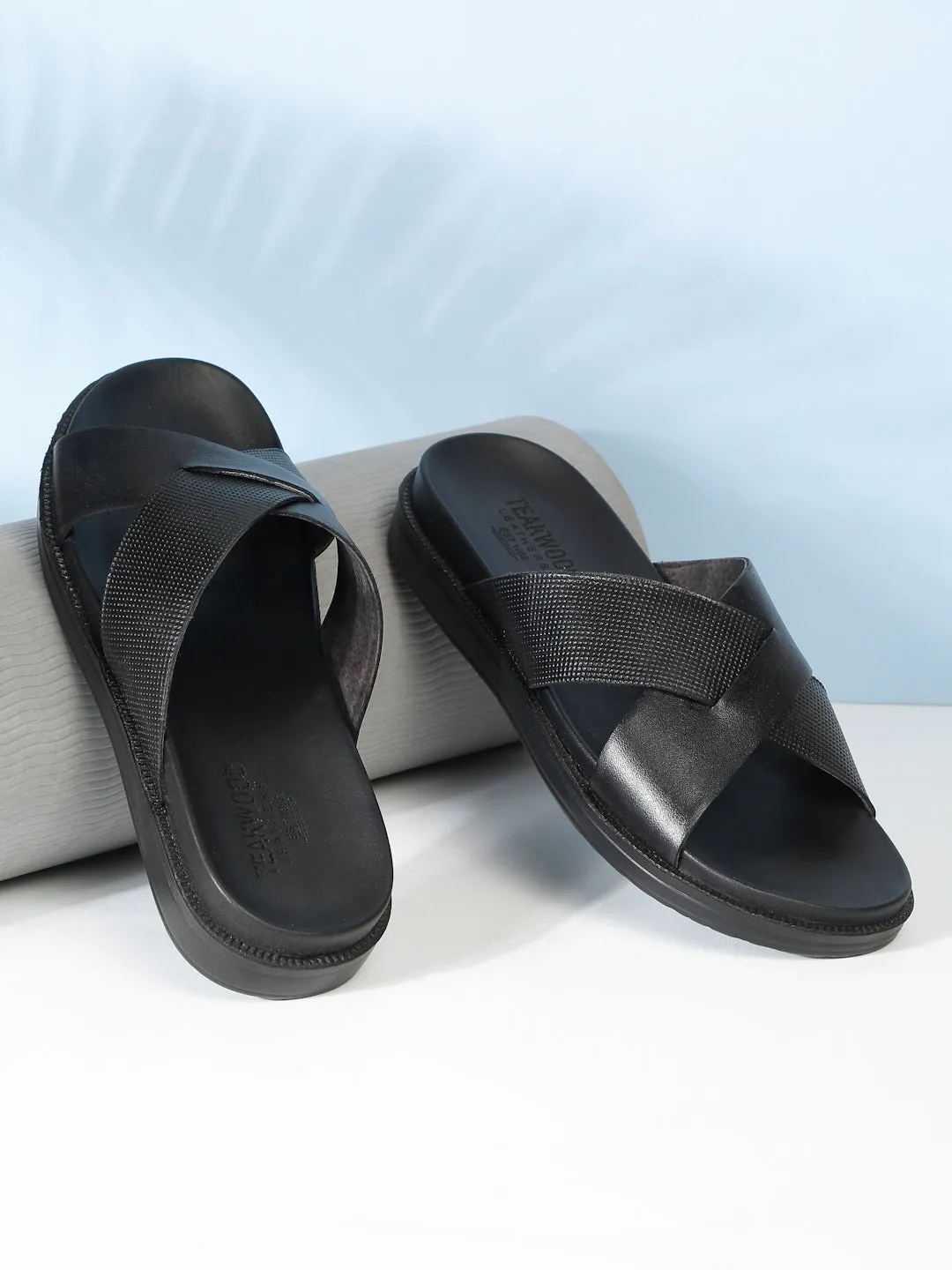 Men's Black Leather Criss - Cross Slippers