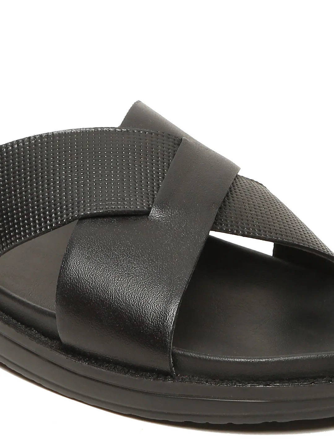 Men's Black Leather Criss - Cross Slippers