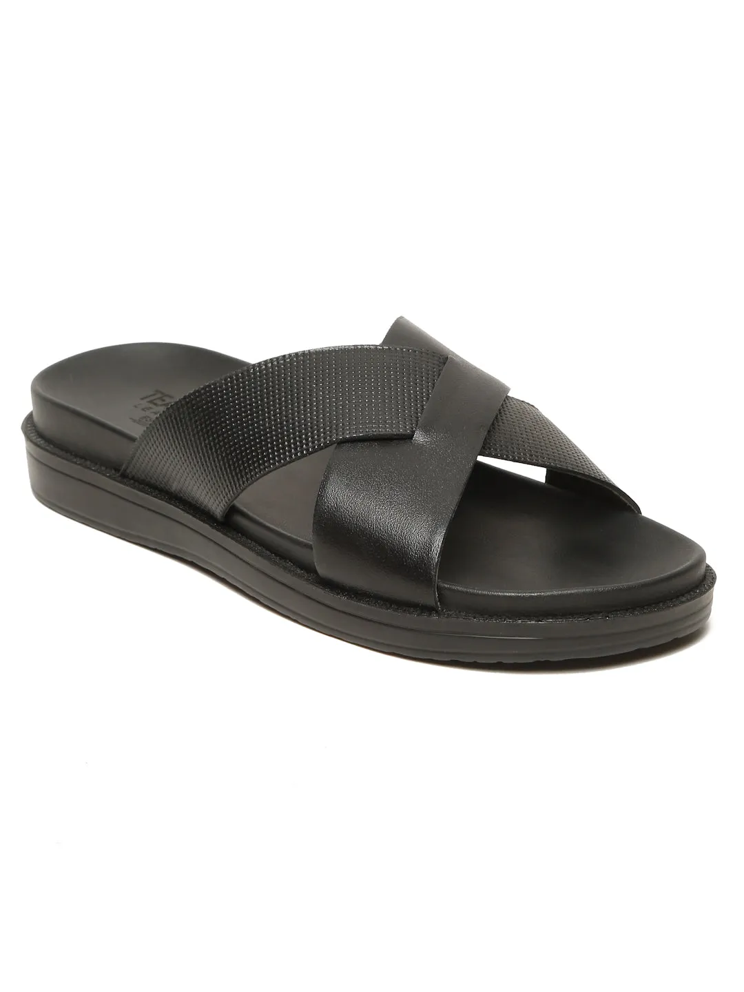 Men's Black Leather Criss - Cross Slippers