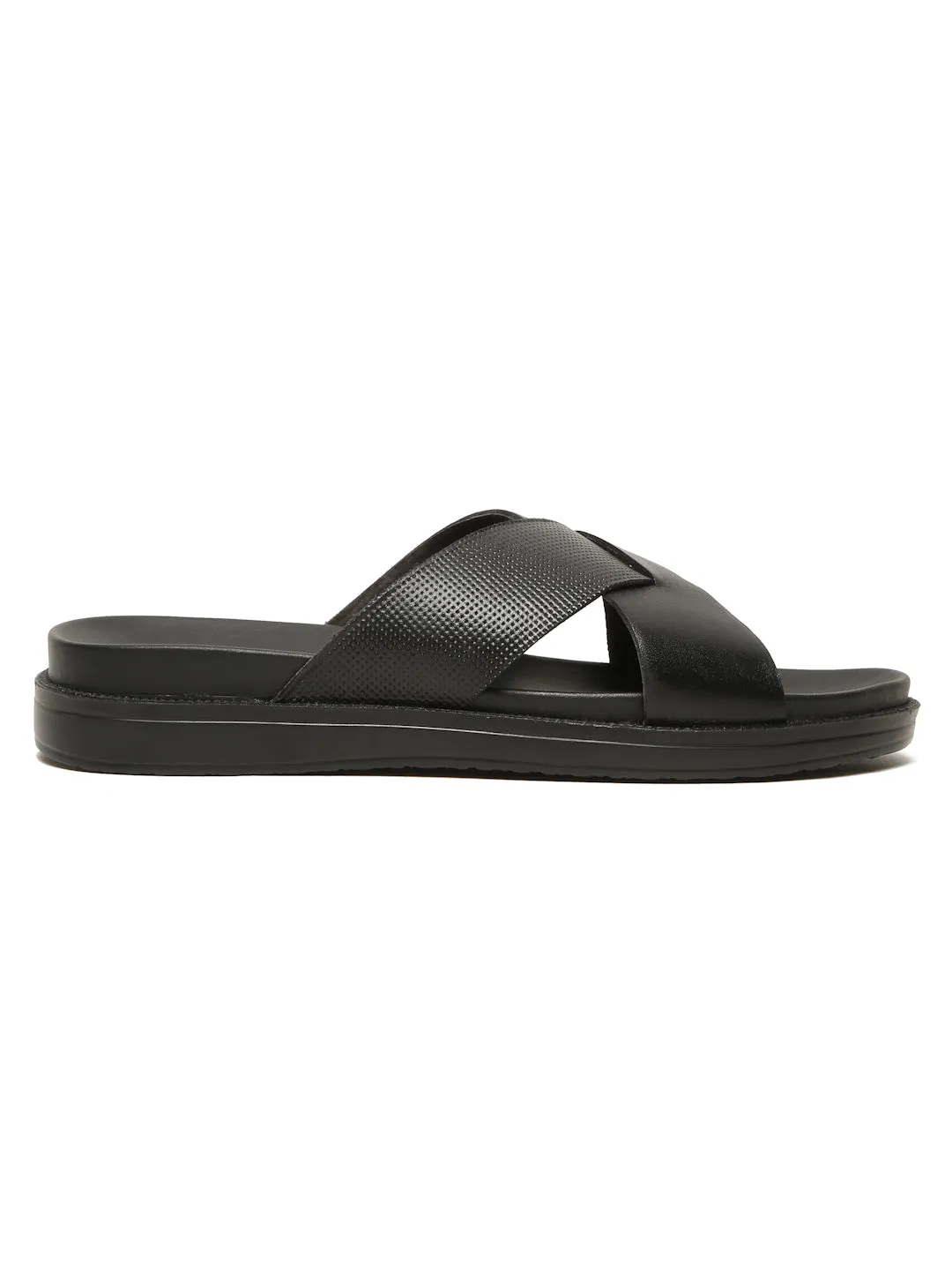 Men's Black Leather Criss - Cross Slippers