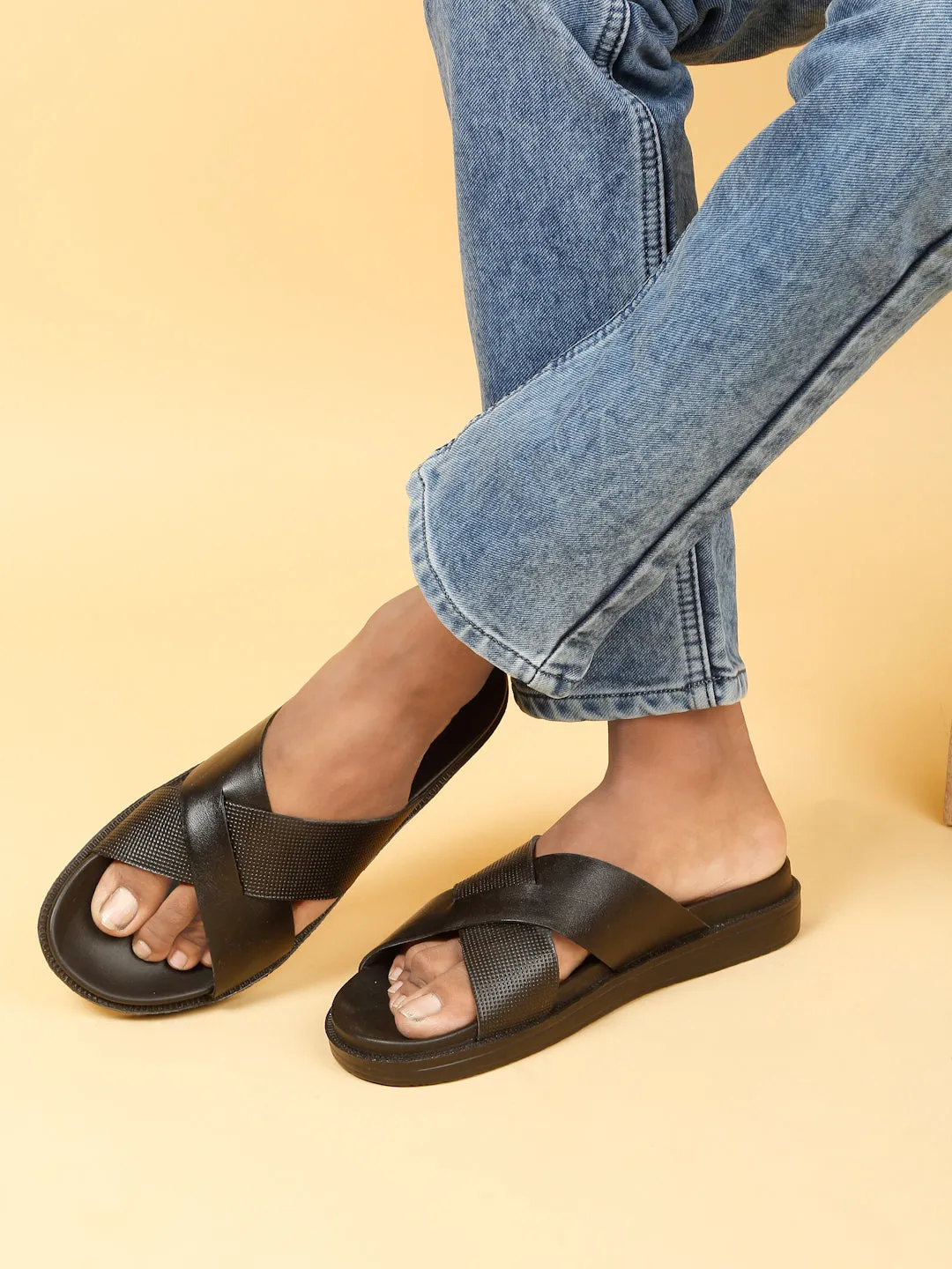 Men's Black Leather Criss - Cross Slippers