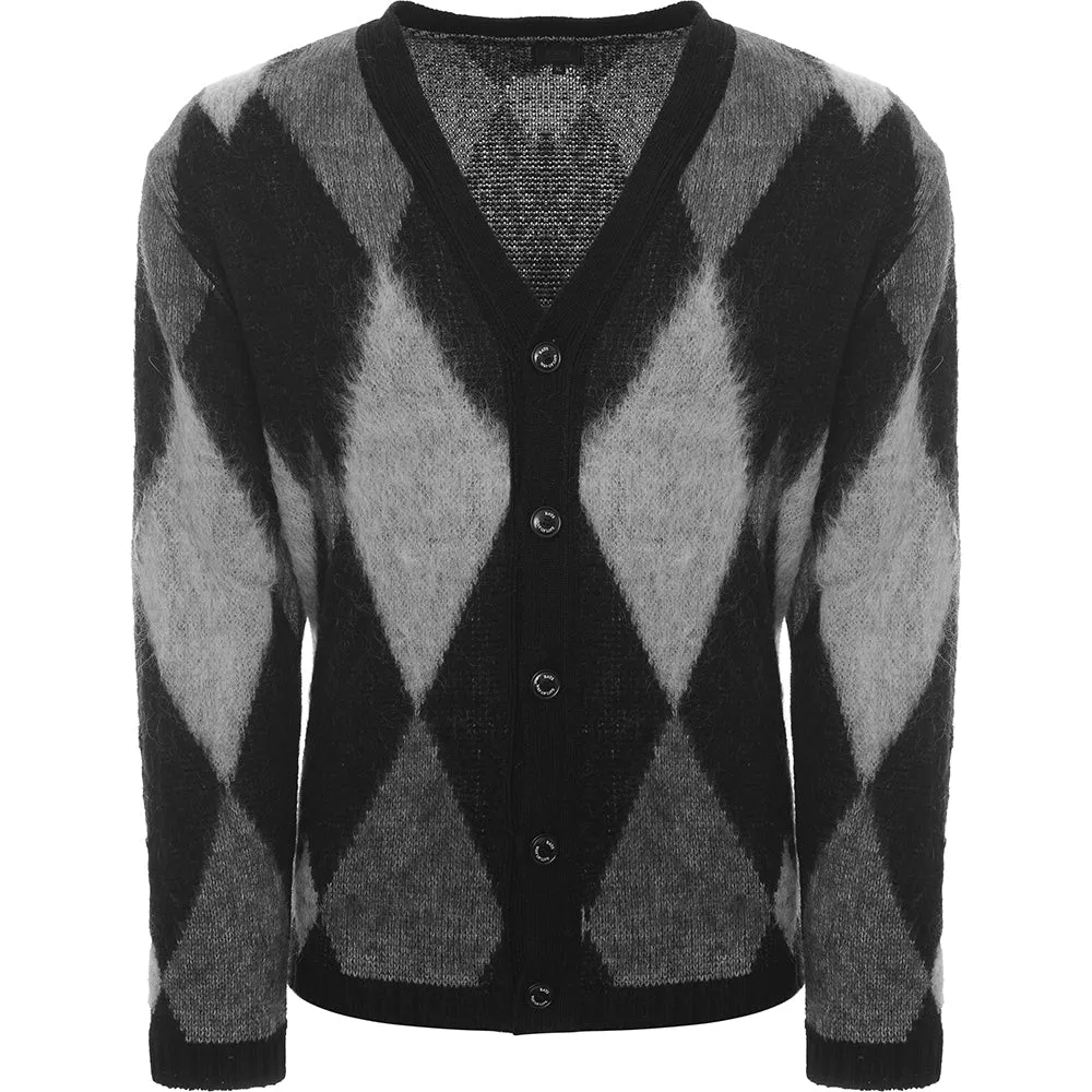 Mens Rats Argyle Mohair Knit Cardigan in Black