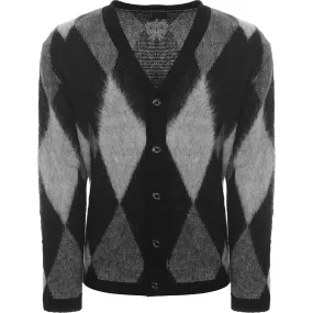 Mens Rats Argyle Mohair Knit Cardigan in Black