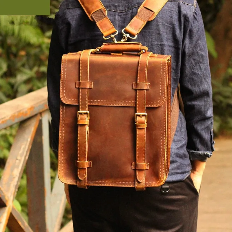 Men's Retro Handmade Crazy Horse Leather School Travel Backpacks