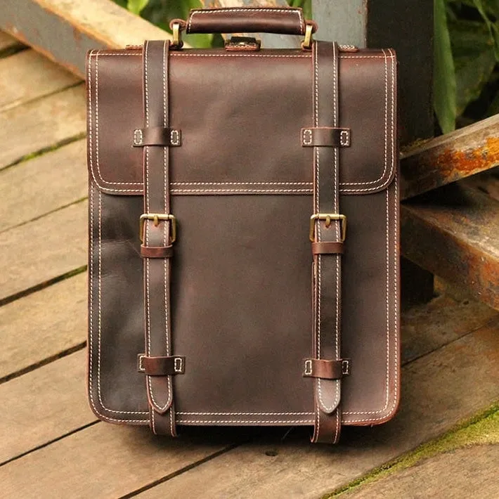 Men's Retro Handmade Crazy Horse Leather School Travel Backpacks