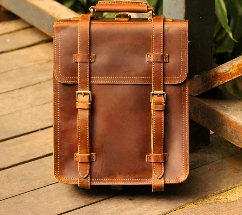 Men's Retro Handmade Crazy Horse Leather School Travel Backpacks