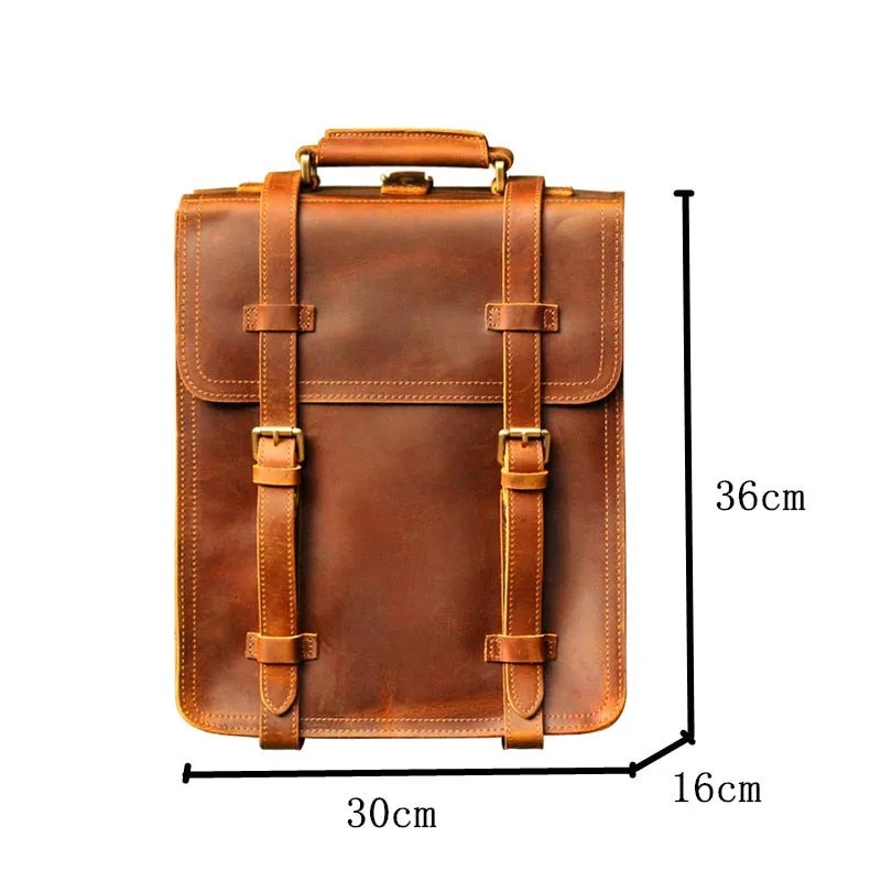 Men's Retro Handmade Crazy Horse Leather School Travel Backpacks