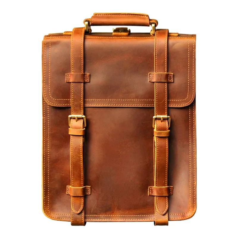 Men's Retro Handmade Crazy Horse Leather School Travel Backpacks