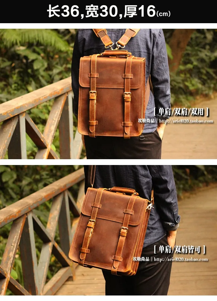 Men's Retro Handmade Crazy Horse Leather School Travel Backpacks