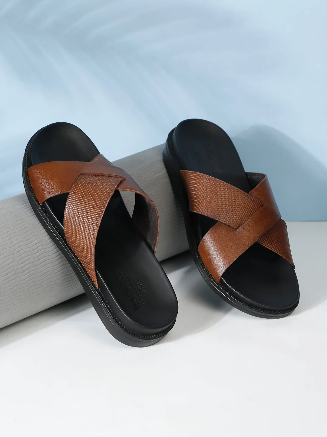 Men's Tan Leather Criss - Cross Slippers