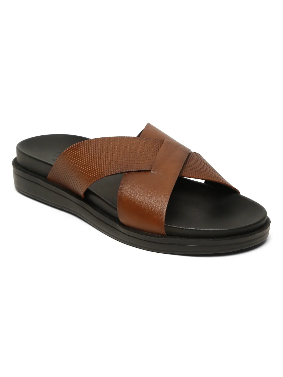 Men's Tan Leather Criss - Cross Slippers