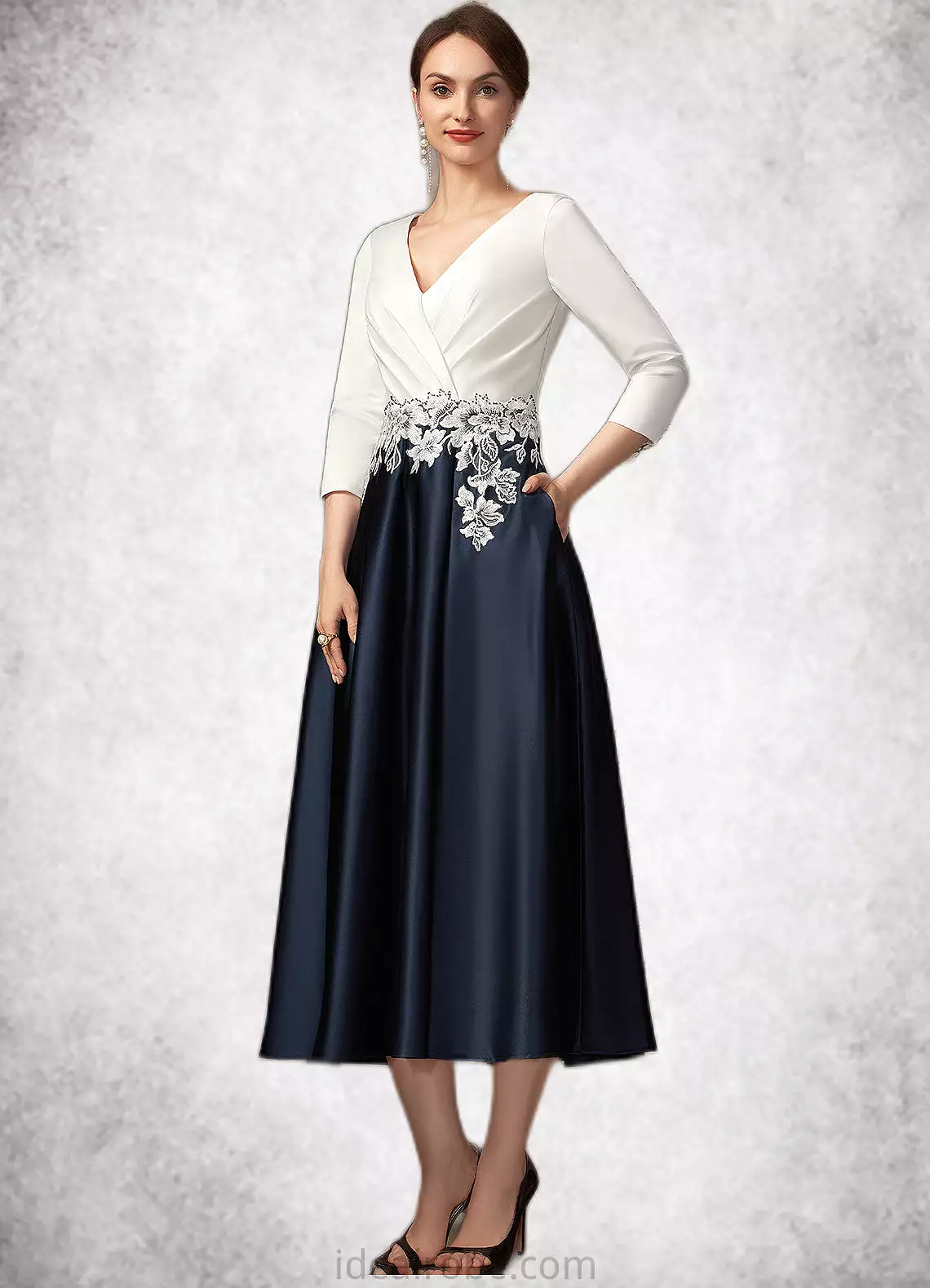 Mia A-Line V-neck Tea-Length Satin Mother of the Bride Dress With Ruffle Appliques Lace Pockets STK126P0014778