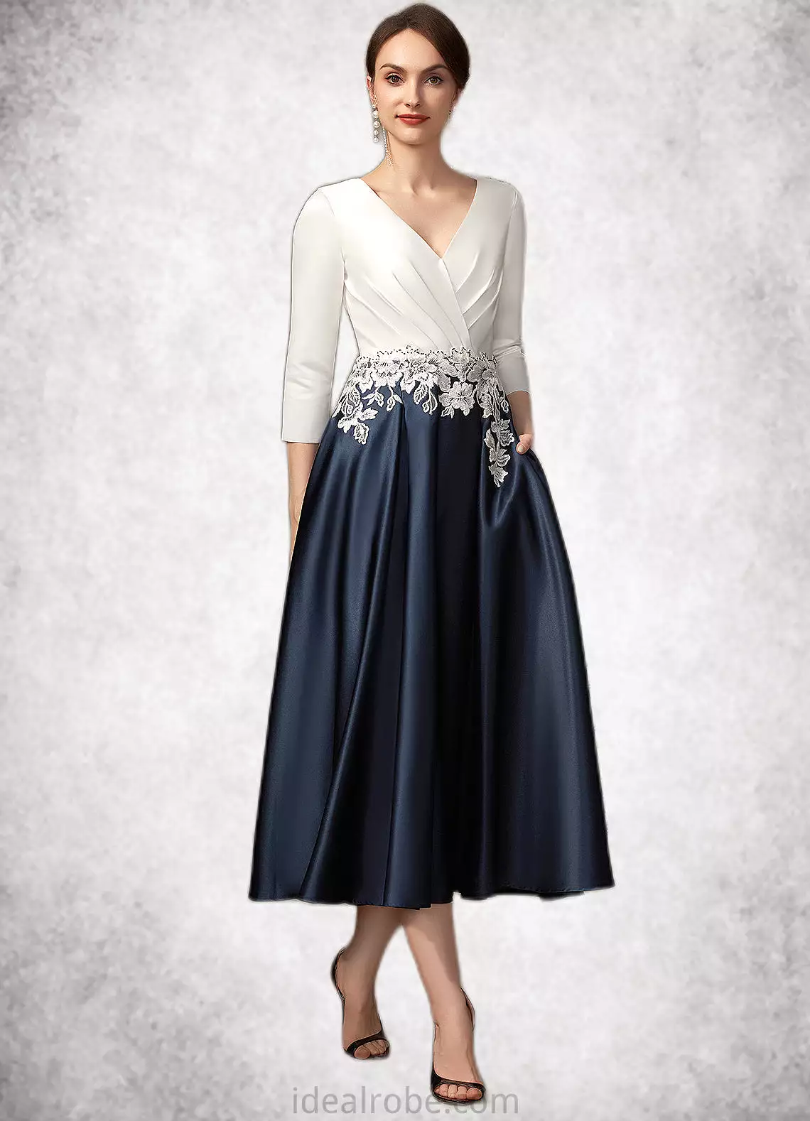 Mia A-Line V-neck Tea-Length Satin Mother of the Bride Dress With Ruffle Appliques Lace Pockets STK126P0014778