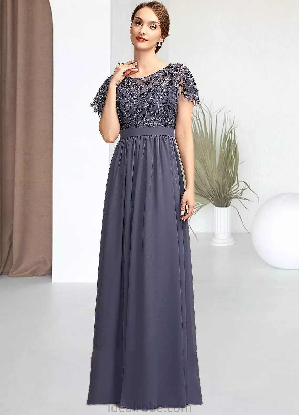 Myah A-Line Scoop Neck Floor-Length Chiffon Lace Mother of the Bride Dress With Sequins STK126P0014775