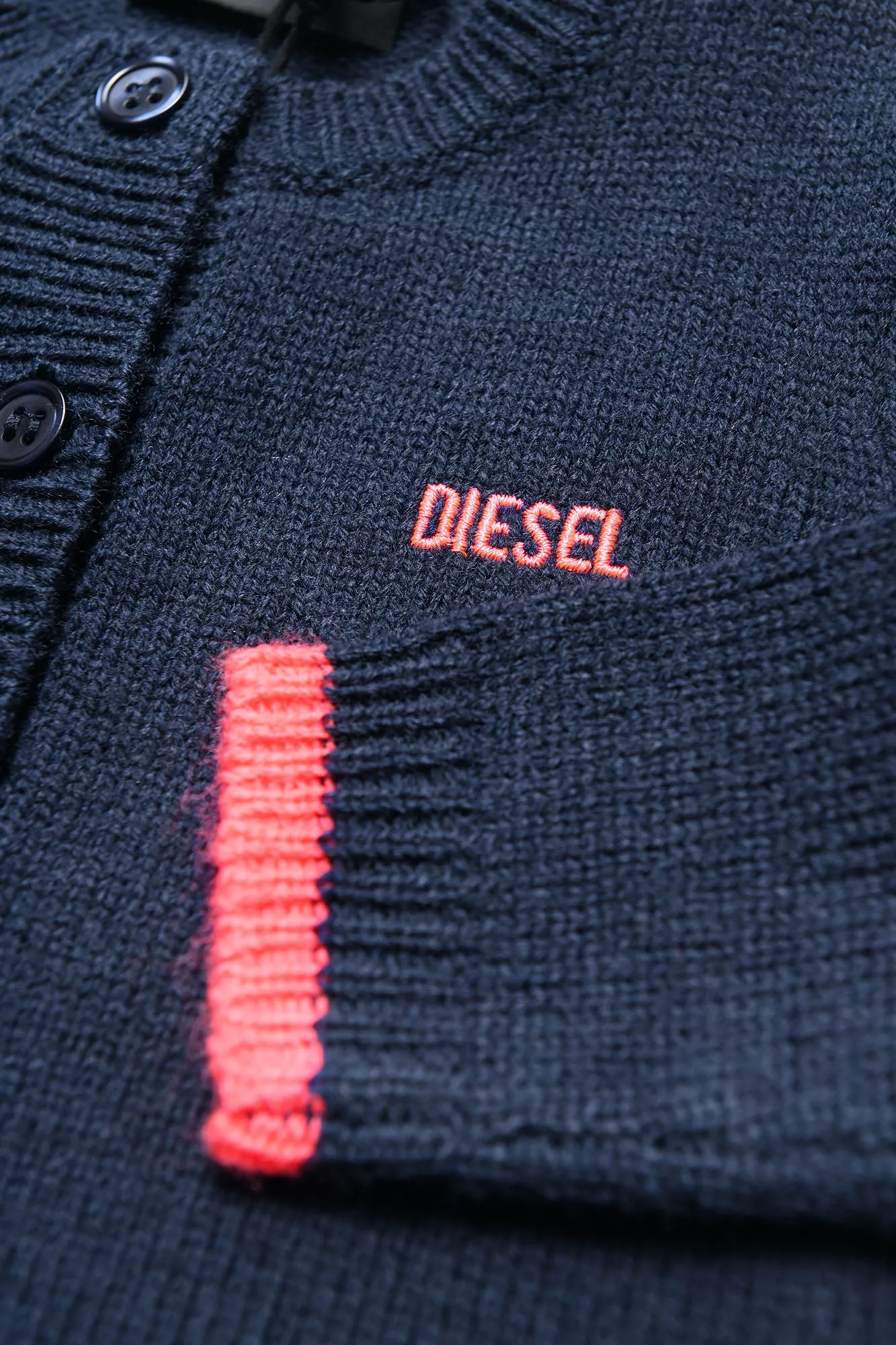 Navy Button Up Cardigan with Diesel Text