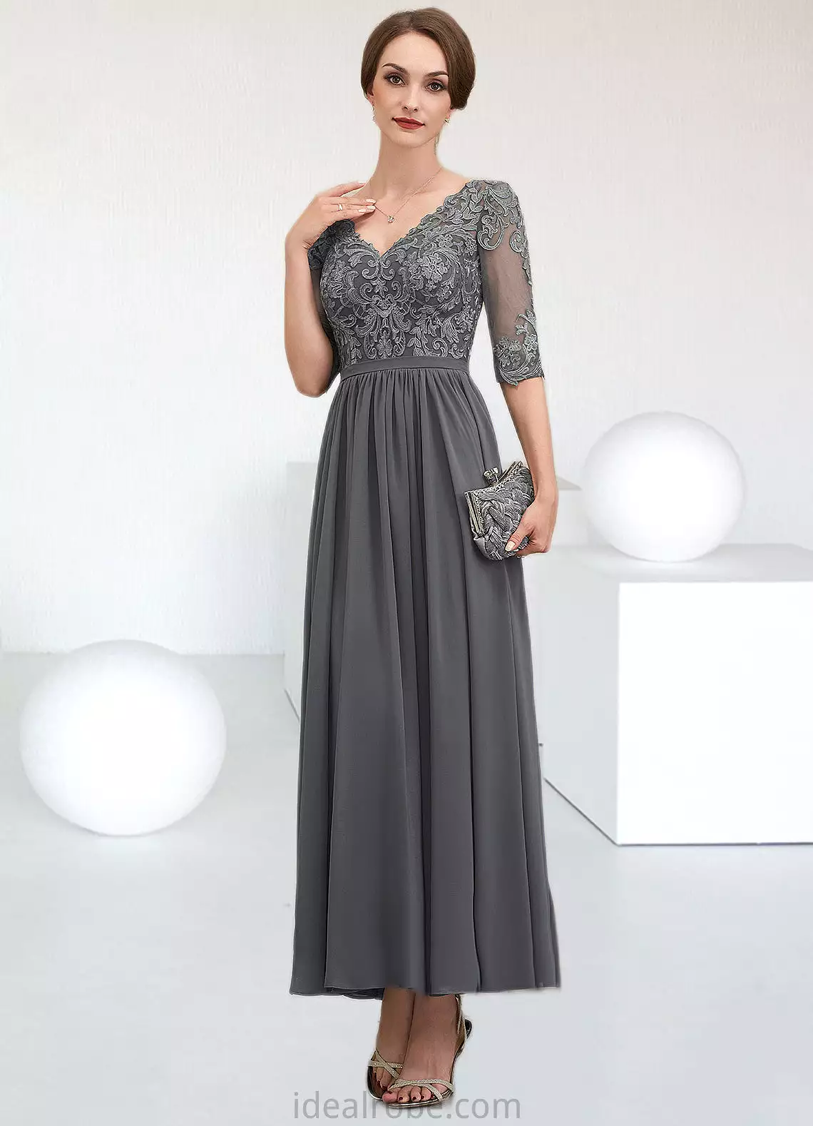 Nita A-line V-Neck Ankle-Length Chiffon Lace Mother of the Bride Dress STK126P0014760