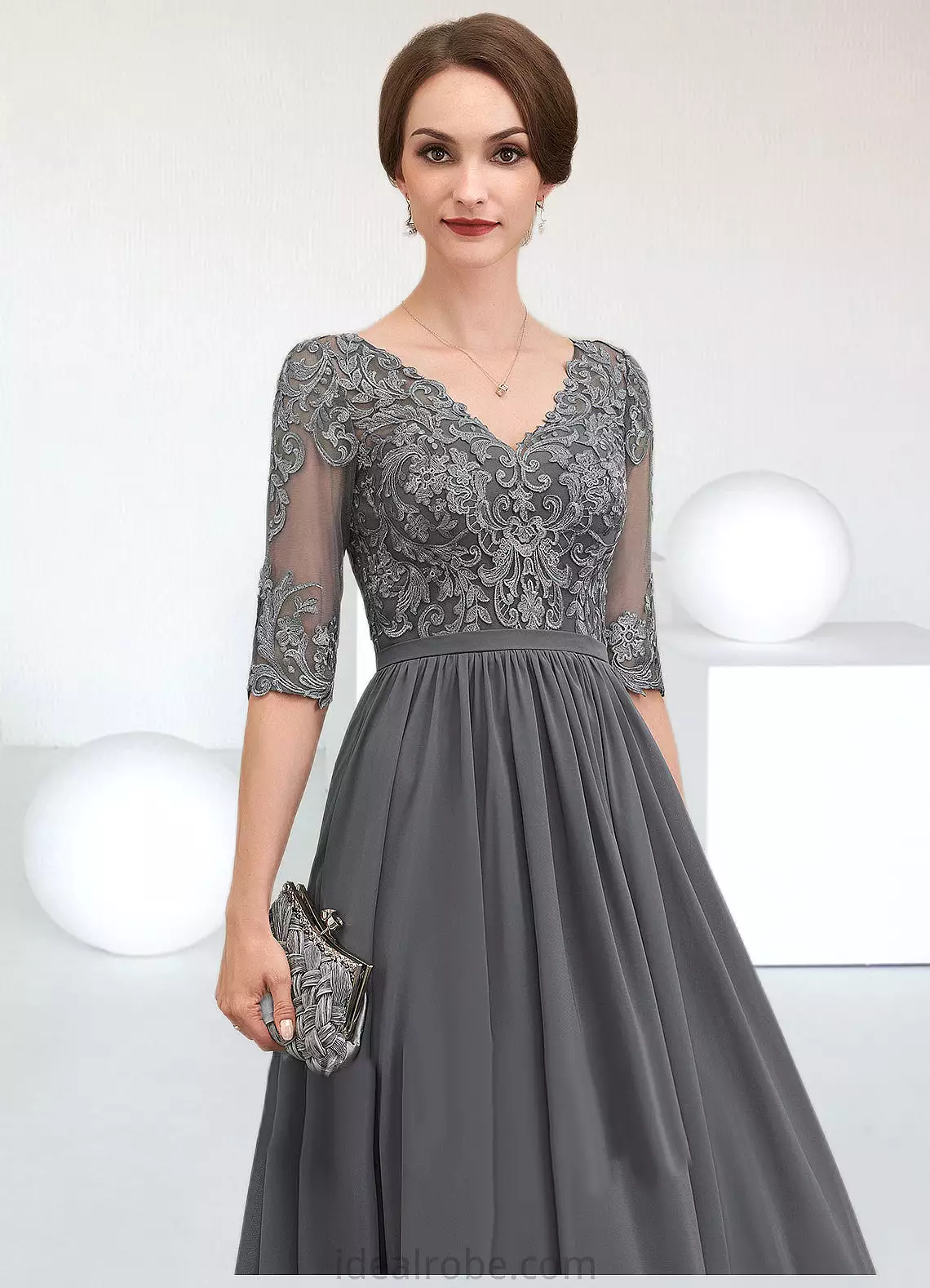 Nita A-line V-Neck Ankle-Length Chiffon Lace Mother of the Bride Dress STK126P0014760