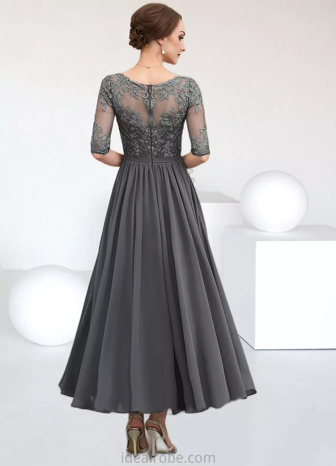 Nita A-line V-Neck Ankle-Length Chiffon Lace Mother of the Bride Dress STK126P0014760