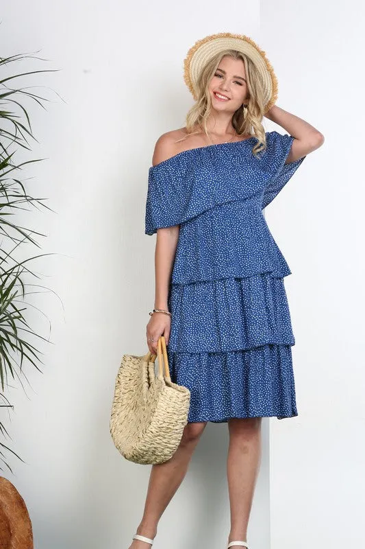 OFF THE SHOULDER THREE LAYERS RUFFLE DRESS