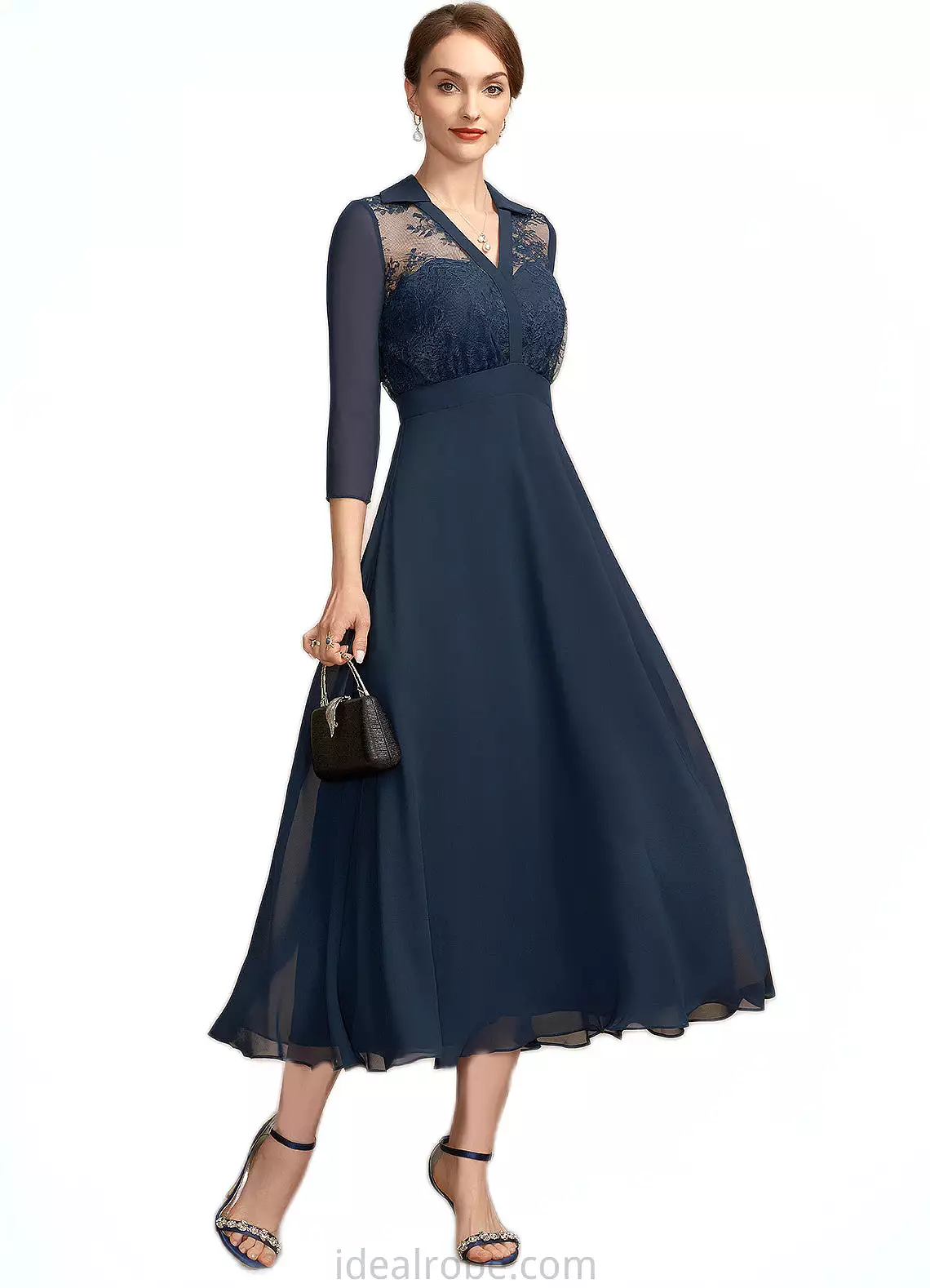 Olga A-Line V-neck Tea-Length Chiffon Lace Mother of the Bride Dress STK126P0014905