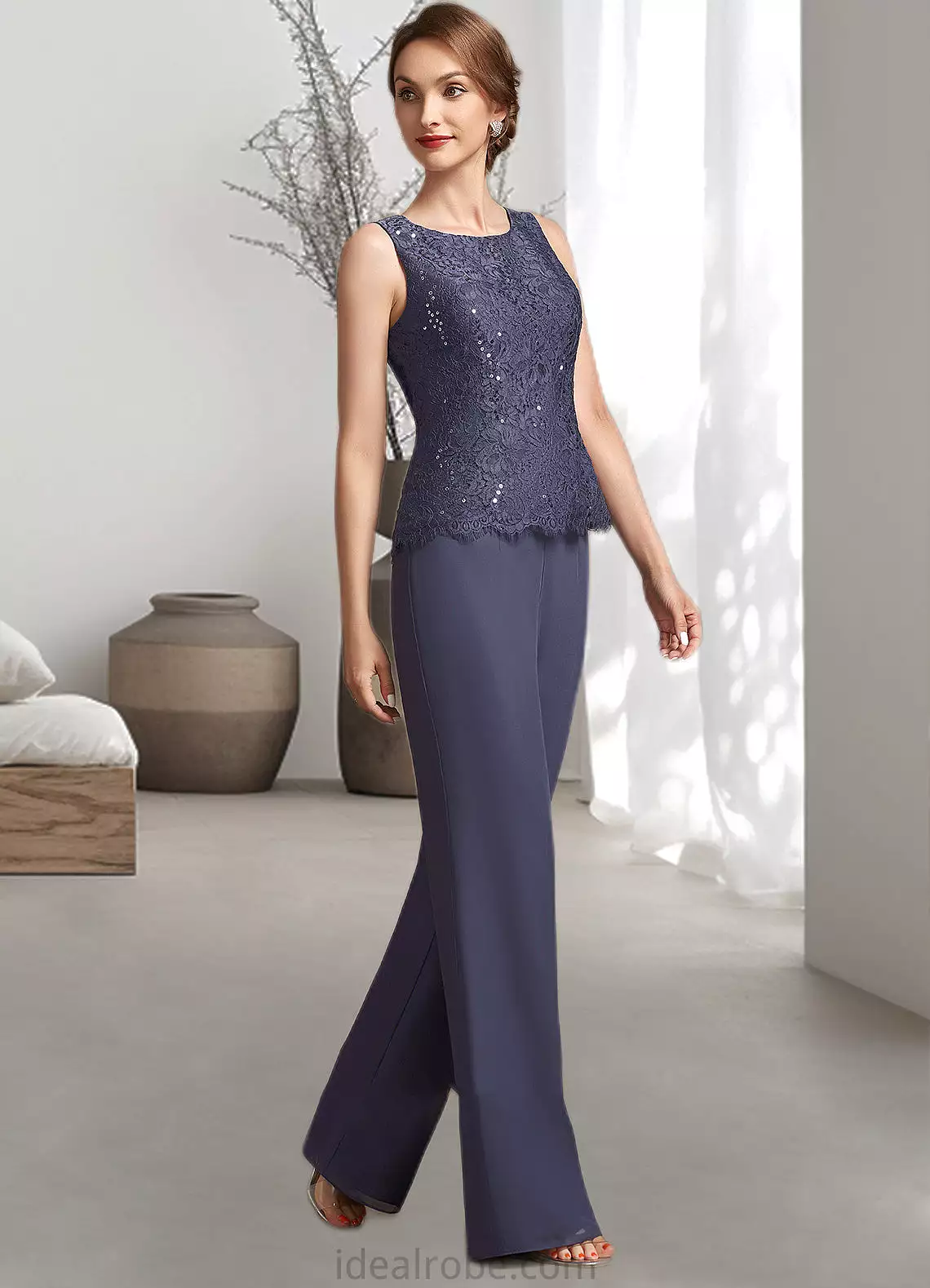 Penny Jumpsuit/Pantsuit Scoop Neck Floor-Length Chiffon Lace Mother of the Bride Dress With Sequins STK126P0014805