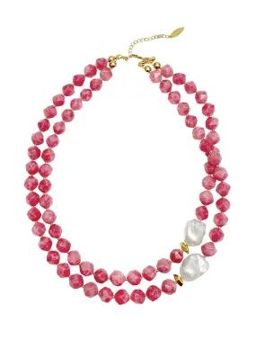 Pink Gemstone With Baroque Pearls Double Layers Necklace LN004