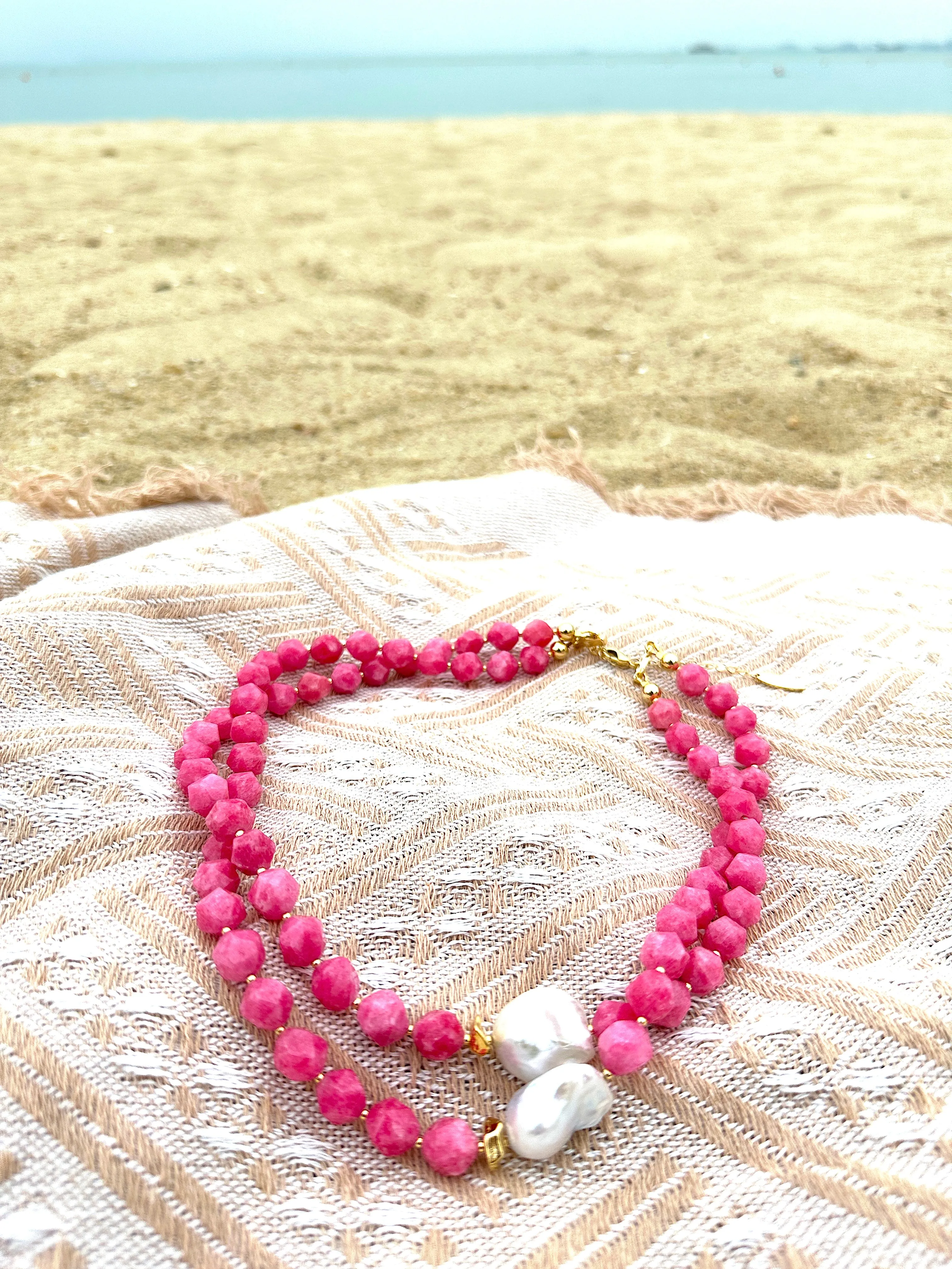 Pink Gemstone With Baroque Pearls Double Layers Necklace LN004