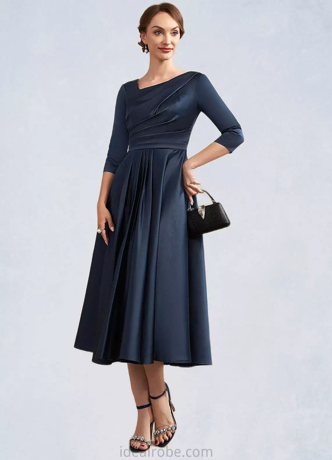 Quintina A-Line V-neck Tea-Length Satin Mother of the Bride Dress With Ruffle STK126P0014883