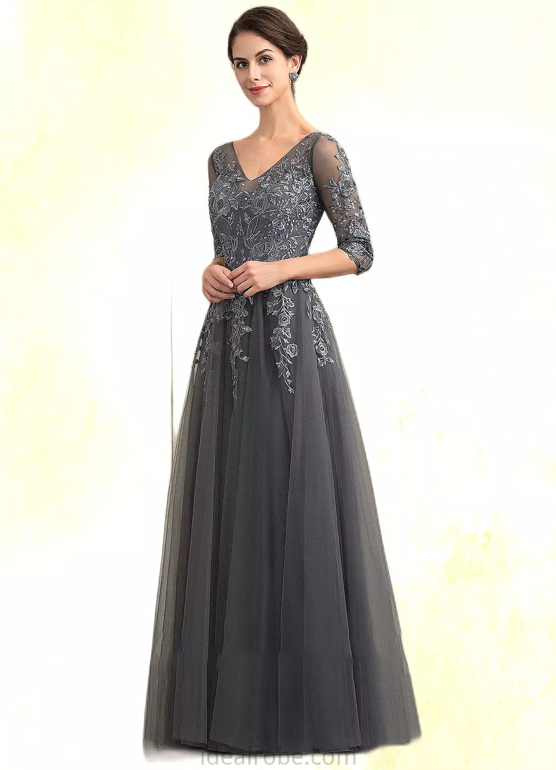 Reese A-Line V-neck Floor-Length Tulle Lace Mother of the Bride Dress With Beading Sequins STK126P0014895