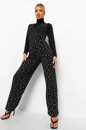 Rib Turtleneck Top And Floral Jumpsuit