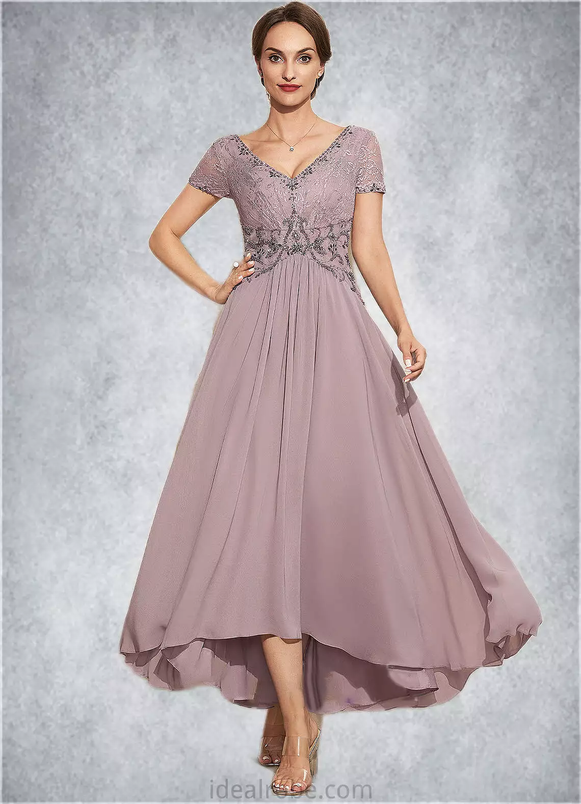 Robin A-Line V-neck Asymmetrical Chiffon Lace Mother of the Bride Dress With Beading STK126P0014799