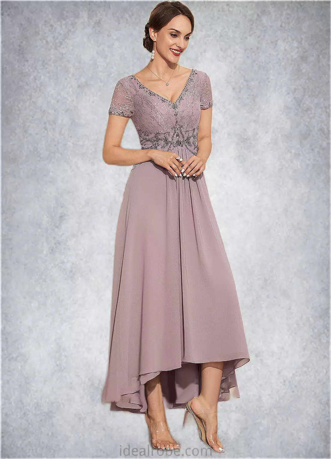 Robin A-Line V-neck Asymmetrical Chiffon Lace Mother of the Bride Dress With Beading STK126P0014799