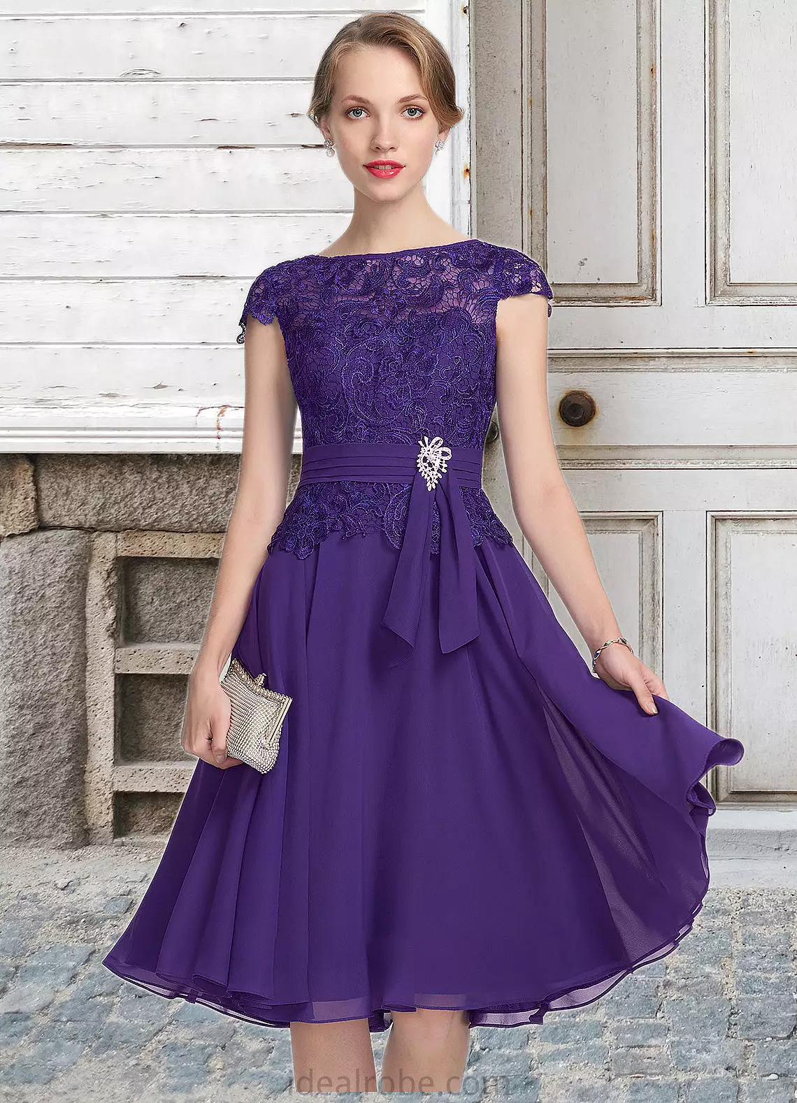 Ruby A-Line Scoop Neck Knee-Length Chiffon Lace Mother of the Bride Dress With Beading STK126P0014814