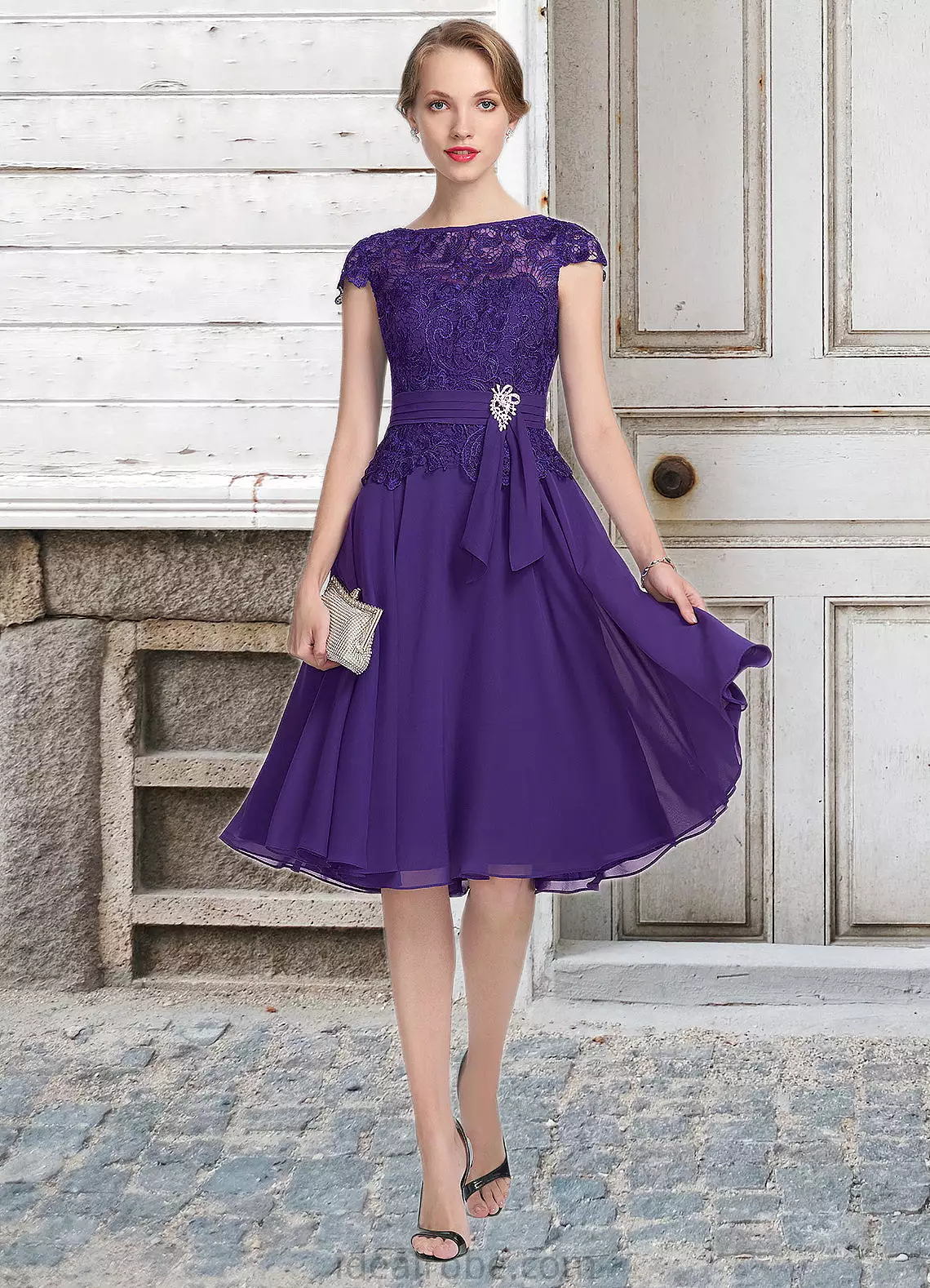 Ruby A-Line Scoop Neck Knee-Length Chiffon Lace Mother of the Bride Dress With Beading STK126P0014814