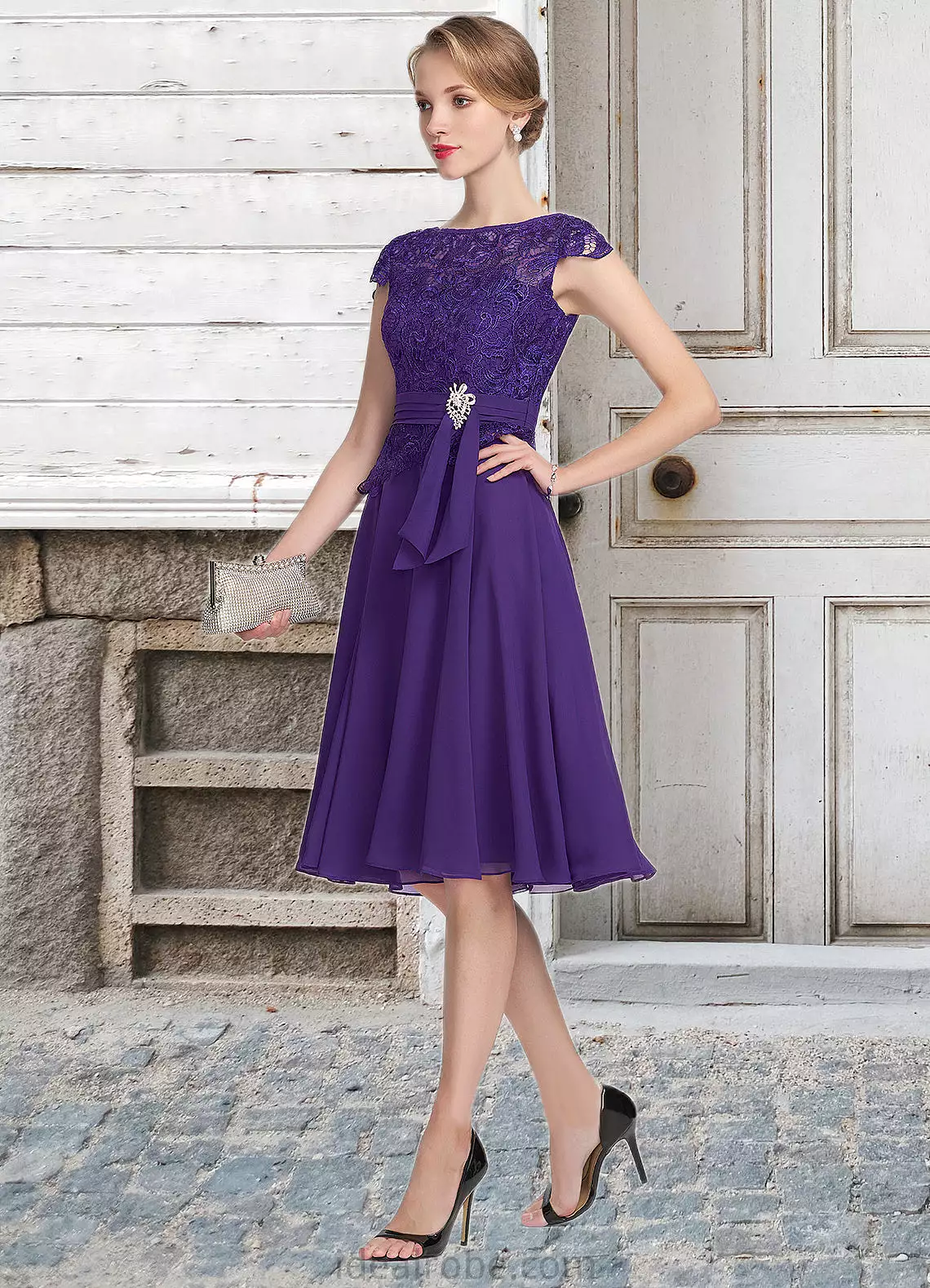 Ruby A-Line Scoop Neck Knee-Length Chiffon Lace Mother of the Bride Dress With Beading STK126P0014814