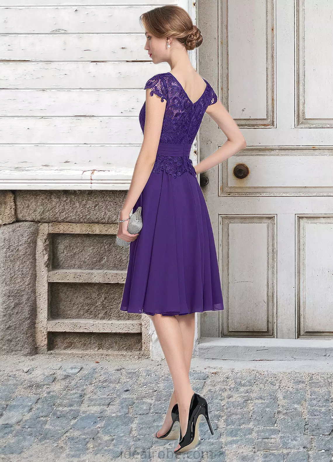 Ruby A-Line Scoop Neck Knee-Length Chiffon Lace Mother of the Bride Dress With Beading STK126P0014814