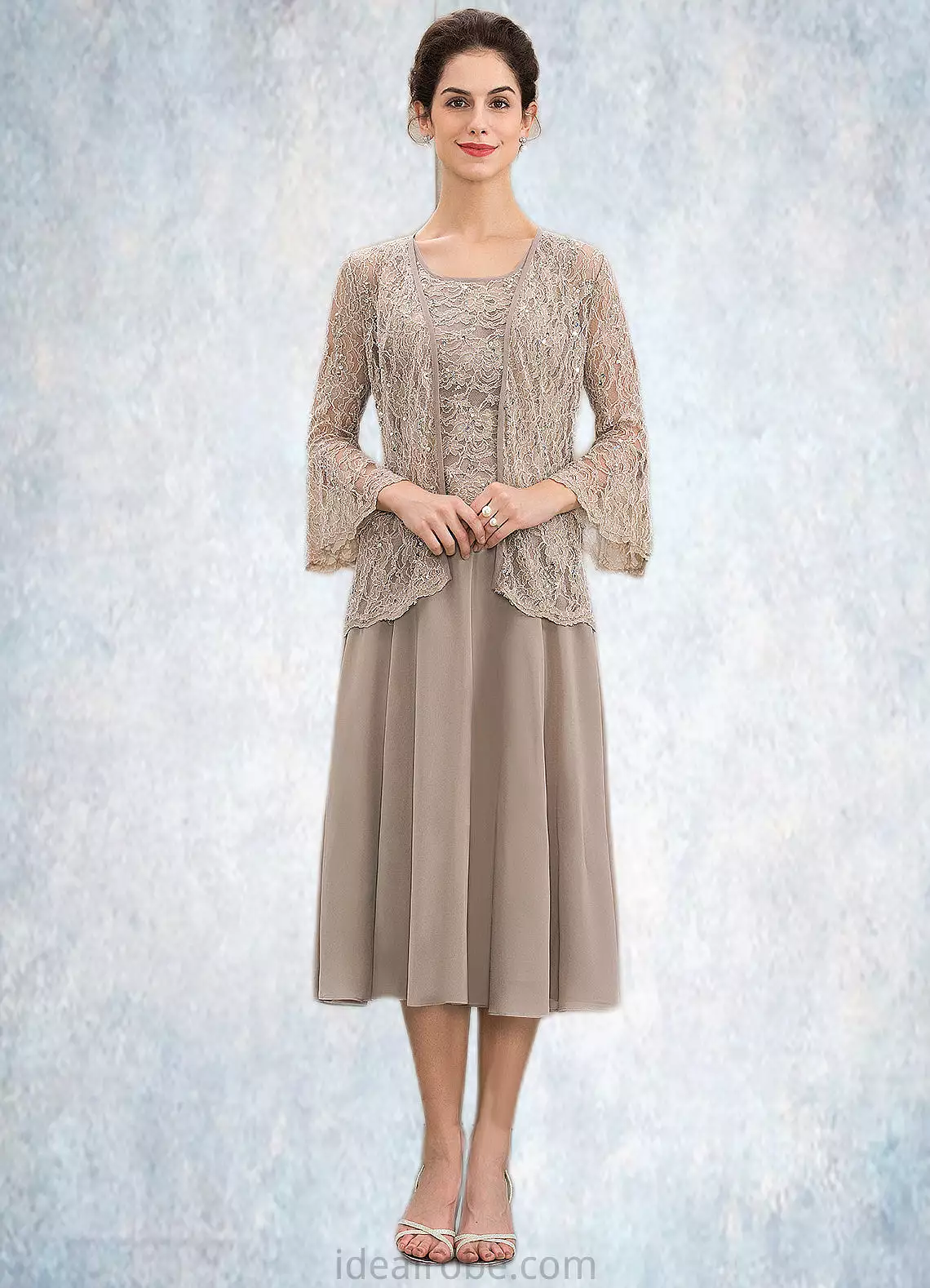 Rylee A-Line Scoop Neck Tea-Length Chiffon Lace Mother of the Bride Dress With Sequins STK126P0014816