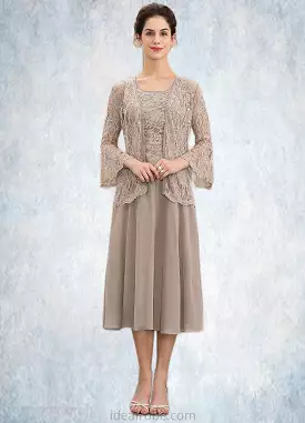 Rylee A-Line Scoop Neck Tea-Length Chiffon Lace Mother of the Bride Dress With Sequins STK126P0014816