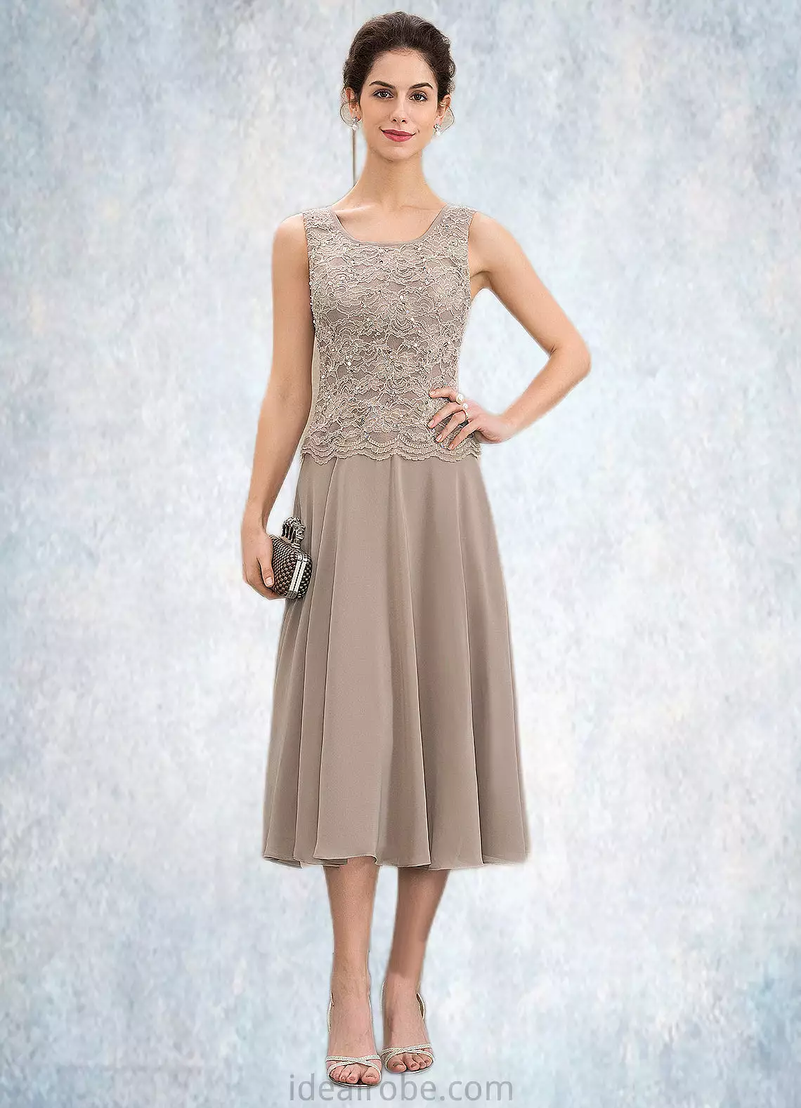 Rylee A-Line Scoop Neck Tea-Length Chiffon Lace Mother of the Bride Dress With Sequins STK126P0014816