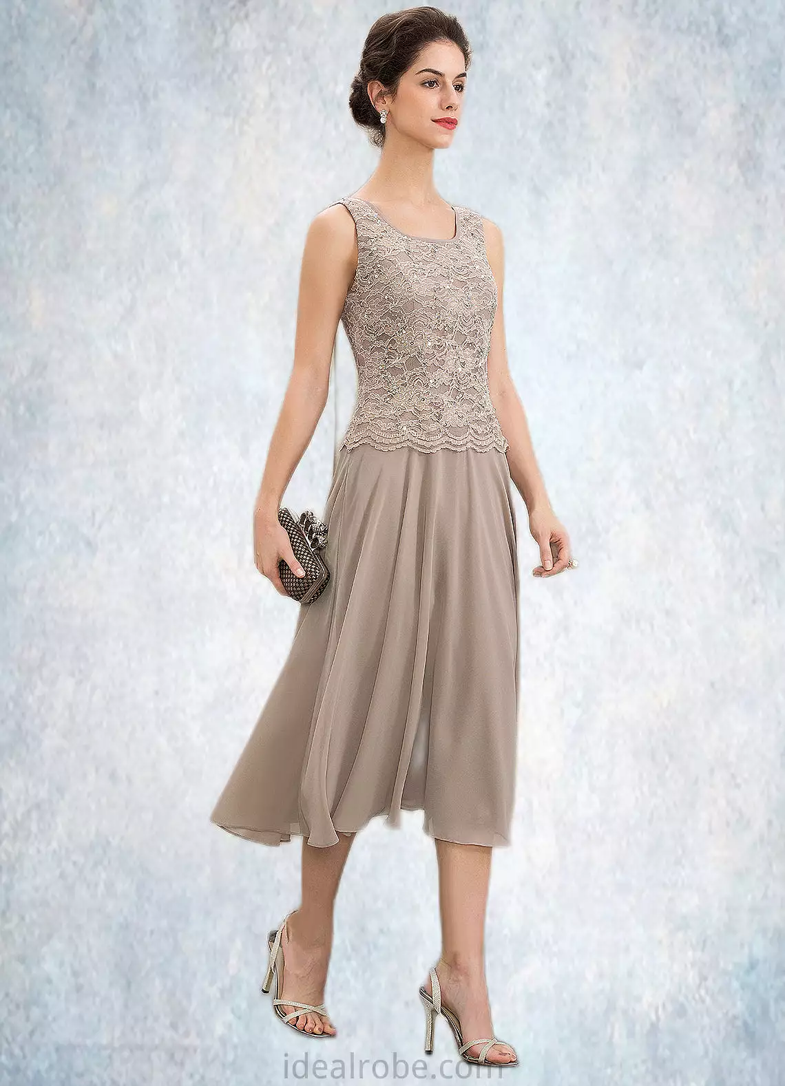 Rylee A-Line Scoop Neck Tea-Length Chiffon Lace Mother of the Bride Dress With Sequins STK126P0014816