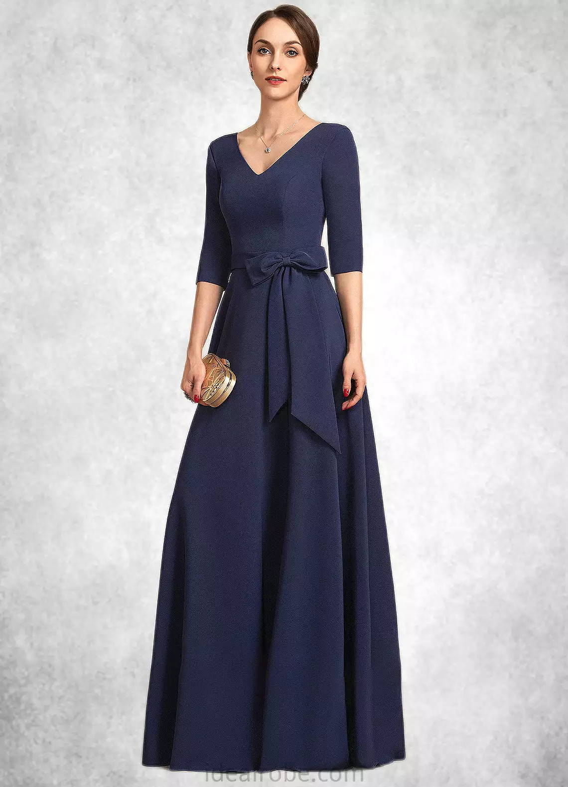 Sadie A-Line V-neck Floor-Length Stretch Crepe Mother of the Bride Dress With Bow(s) STK126P0014831