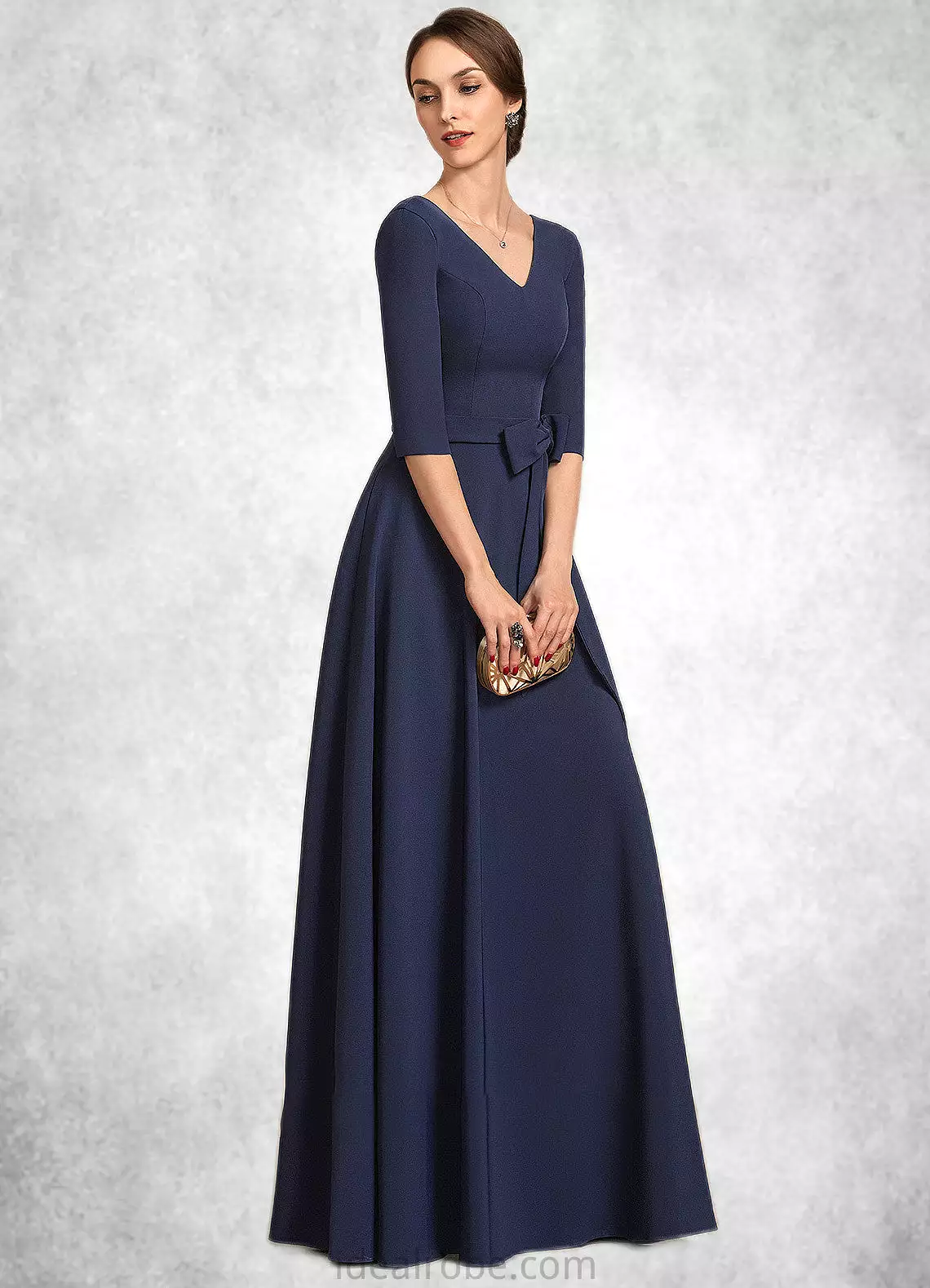 Sadie A-Line V-neck Floor-Length Stretch Crepe Mother of the Bride Dress With Bow(s) STK126P0014831