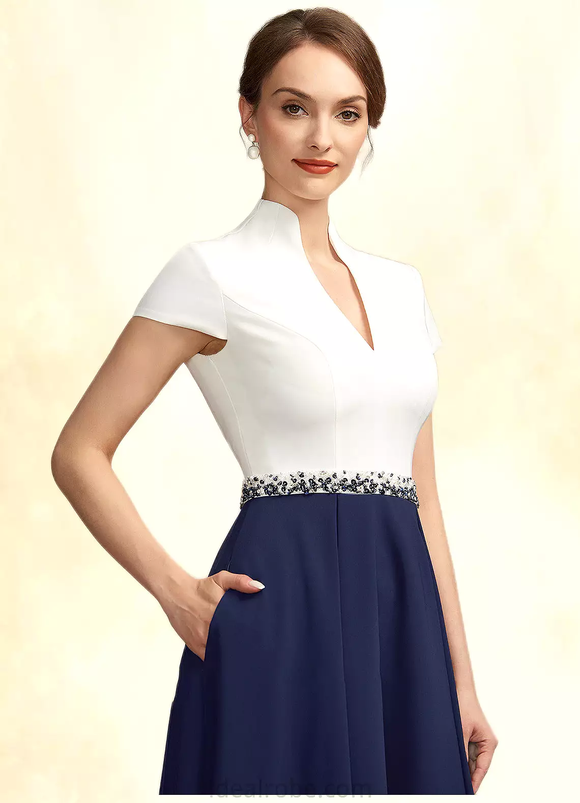 Sasha A-Line V-neck Tea-Length Stretch Crepe Mother of the Bride Dress With Beading Sequins Pockets STK126P0014854