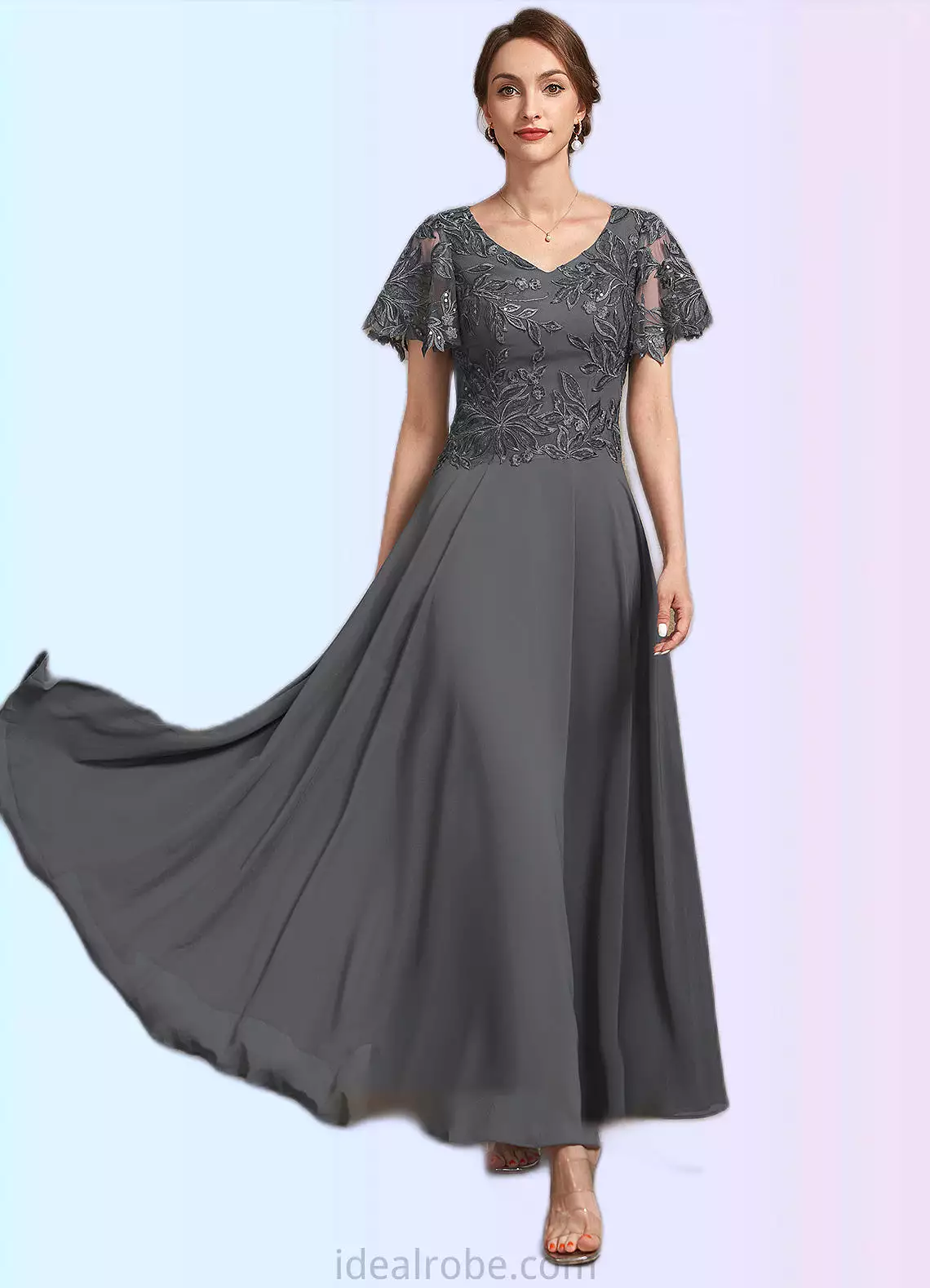 Savannah A-Line V-neck Ankle-Length Chiffon Lace Mother of the Bride Dress With Sequins STK126P0014838