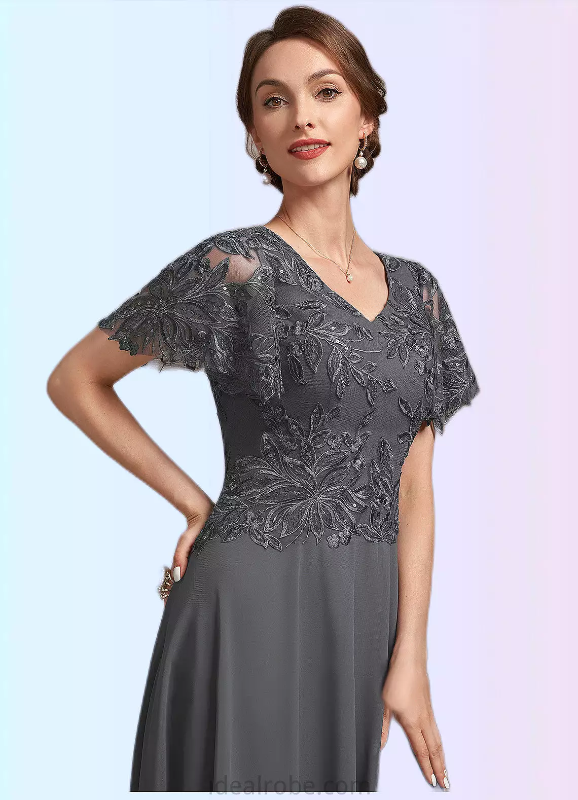 Savannah A-Line V-neck Ankle-Length Chiffon Lace Mother of the Bride Dress With Sequins STK126P0014838