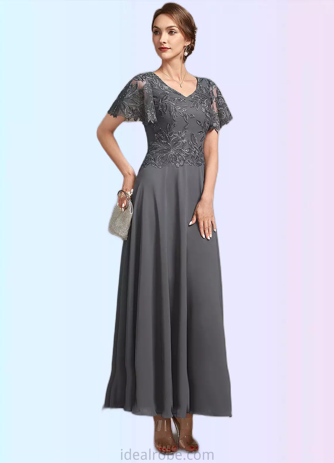 Savannah A-Line V-neck Ankle-Length Chiffon Lace Mother of the Bride Dress With Sequins STK126P0014838