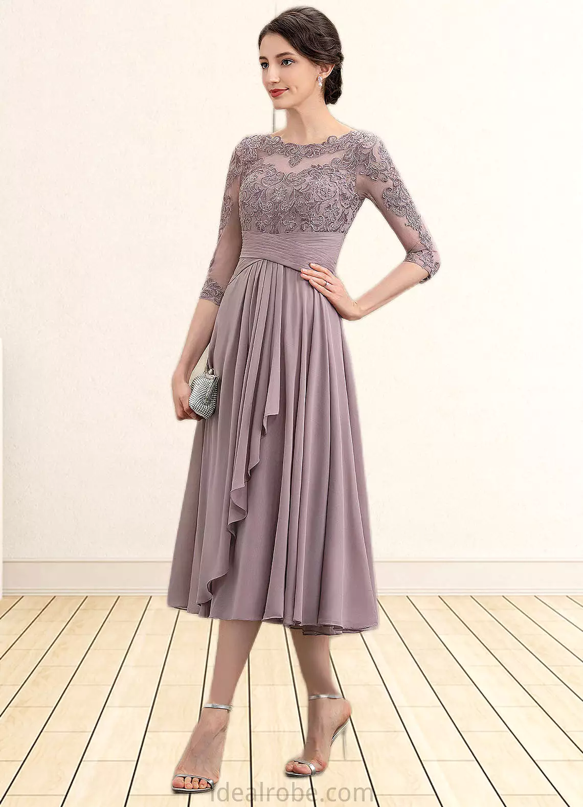 Scarlett A-Line Scoop Neck Tea-Length Chiffon Lace Mother of the Bride Dress With Cascading Ruffles STK126P0014780