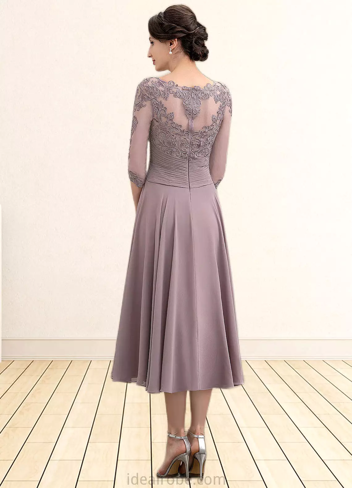 Scarlett A-Line Scoop Neck Tea-Length Chiffon Lace Mother of the Bride Dress With Cascading Ruffles STK126P0014780