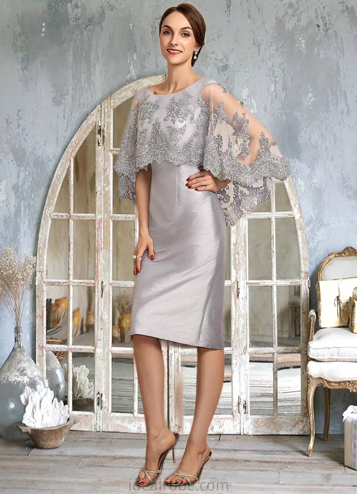 Shayna Sheath/Column Scoop Neck Knee-Length Taffeta Lace Mother of the Bride Dress With Beading Sequins STK126P0014886