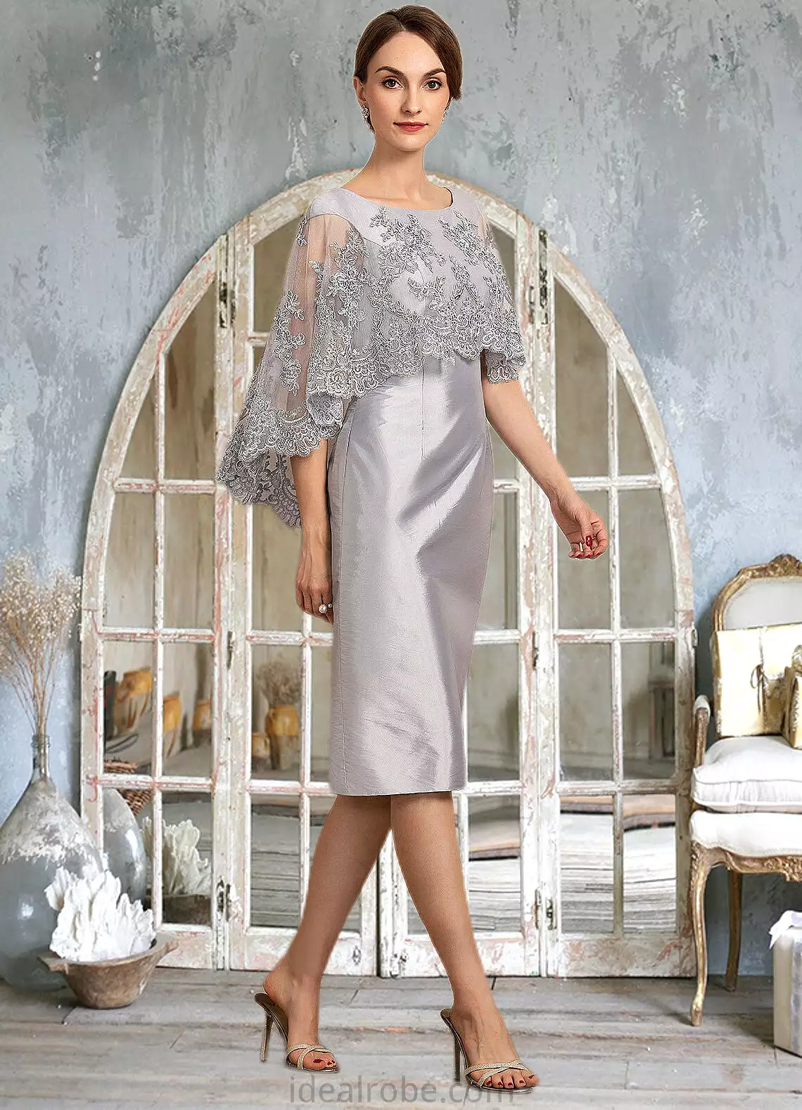 Shayna Sheath/Column Scoop Neck Knee-Length Taffeta Lace Mother of the Bride Dress With Beading Sequins STK126P0014886